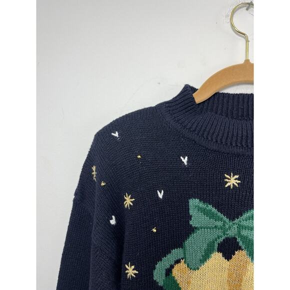 Vtg Panther Ugly Christmas Sweater Black Gold Bows Holiday Holly Medium Green - Picture 5 of 7